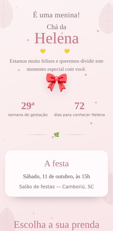 Página de chá de bebê aberta no celular, com o nome do bebê e a contagem regressiva