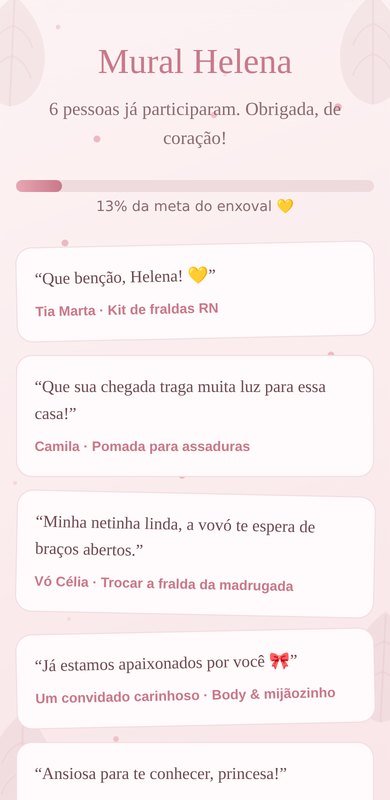 Mural com recados dos convidados e barra de progresso da meta do enxoval