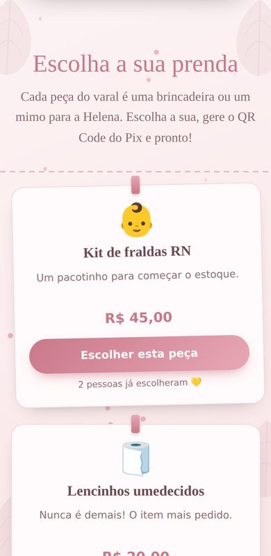 Varal de prendas com fraldas, lencinhos e brincadeiras, cada uma com seu valor